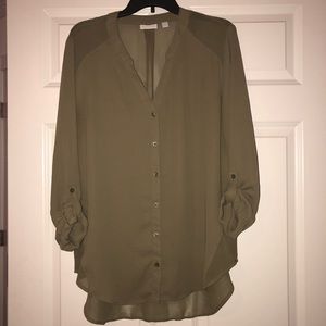 Plus Size Green Chiffon Sheer Button Down Blouse